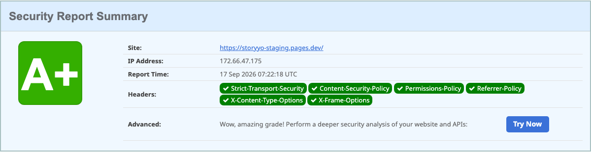 securityheaders.com geeft de nieuwe site een A+