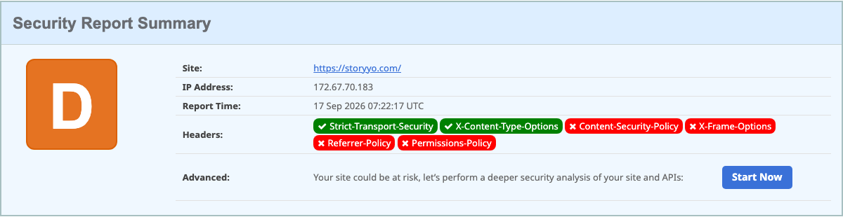 securityheaders.com geeft de oude site een D